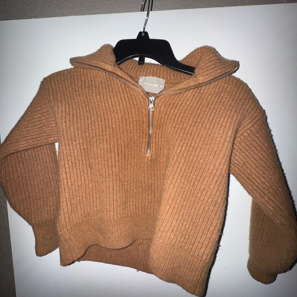 Everlane Felted Merino Half-Zip Sweater in deep camel.